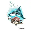 spotted eagle ray with carribean black tip reef shark, and diver sihlouette  tattoo design idea