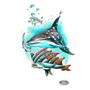 spotted eagle ray with carribean black tip reef shark, and diver sihlouette  tattoo design idea