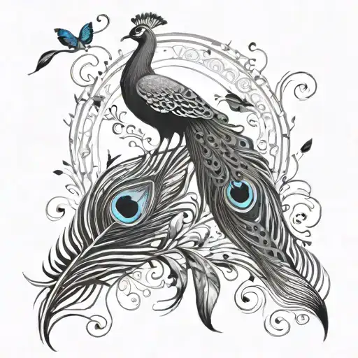 How about a design with a majestic peacock feather as the centerpiece, with delicate small birds fluttering around it, s tattoo design idea