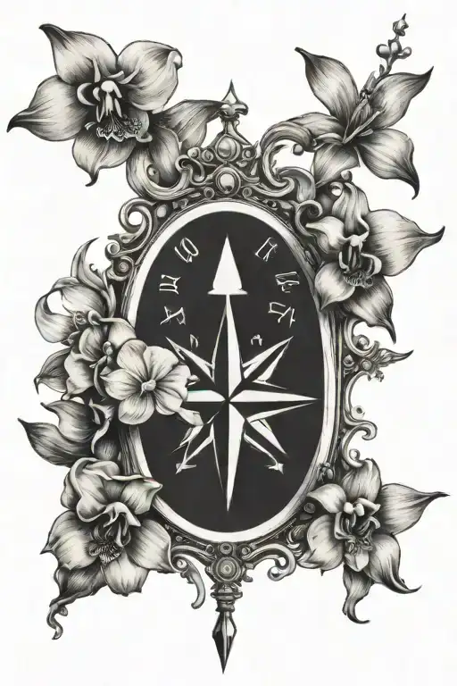 Moral Compass Tattoo Incorporating orchid flowers and christian symbols  tattoo design idea