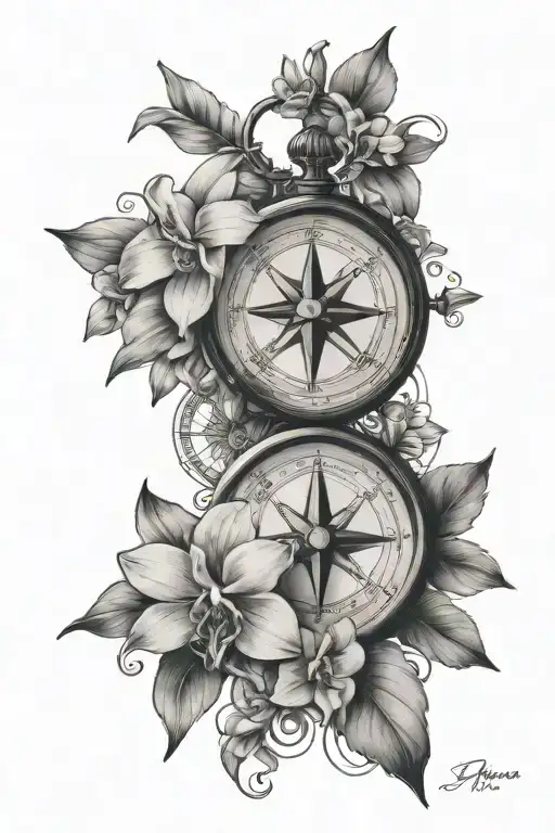Moral Compass Tattoo Incorporating christianity and orchid flowers tattoo design idea