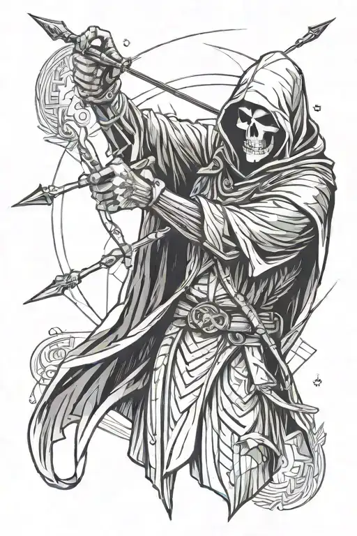 A Grim Reaper with an eyepatch shoots an arrow representing life's challenges, an arm catches it before it hits an eye tattoo design idea