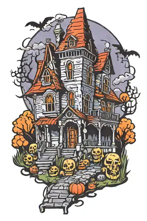spooky haunted house behind graveyard   tattoo design idea