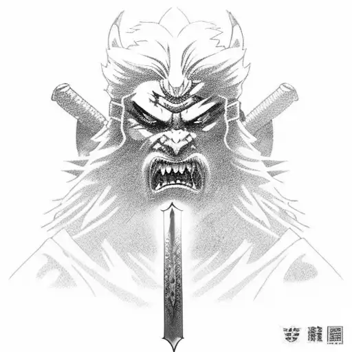 An epic battle between a powerful great japanese oni and geralt the witcher with katana sword tattoo design idea
