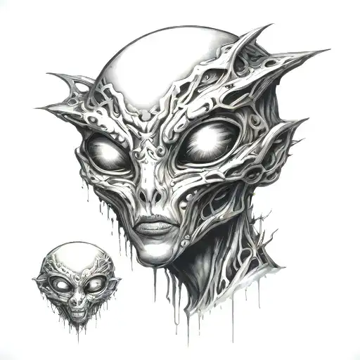 outline alien face, around it a fading sun, behind the fading sun an ufo beaming up a person tattoo design idea