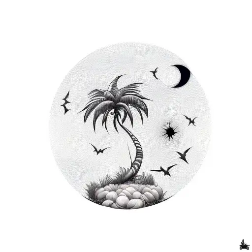 long straigh palm tree with a small moon behind on the top and add 3 small bats in the illustration tattoo design idea