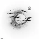 Straight Palm Tree with a small moon on top and 3 bats flying.  tattoo design idea