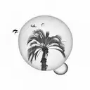 Straight Palm Tree with a small moon on top and 3 bats flying.  tattoo design idea