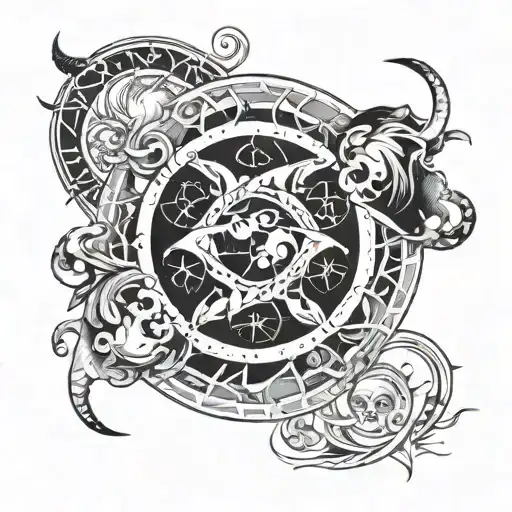 A celestial design incorporating all four zodiac signs (Pisces, Libra, Taurus, Cancer) intertwined with each other tattoo design idea