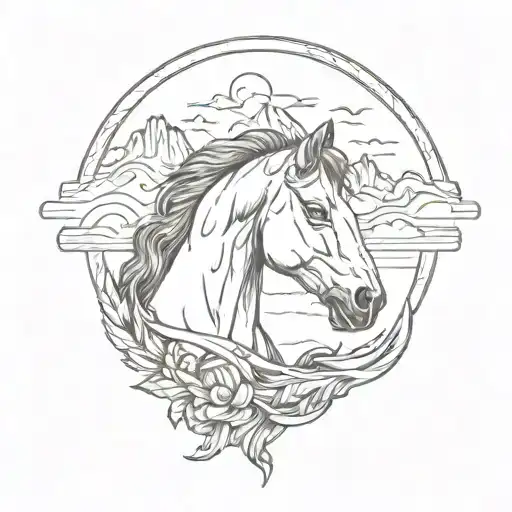 A horse face in a horseshoe mountains range surrounded tattoo design idea