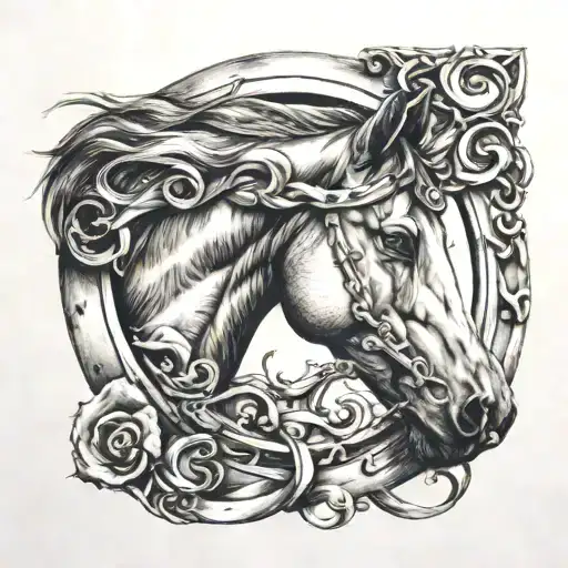 horse face in a horseshoe surrounded tattoo design idea