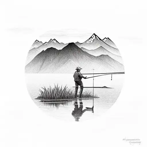 A fishing rod casting its line into a peaceful lake, with mountains in the distance tattoo design idea