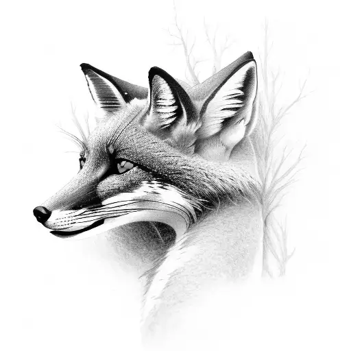 A detailed black-grey tattoo of a majestic fox blending into a lush forest background tattoo design idea