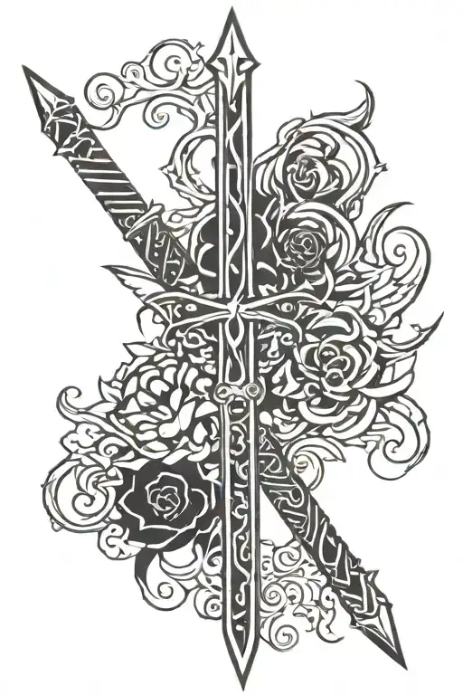 tribal sword surrounded stylus femme tattoo design idea