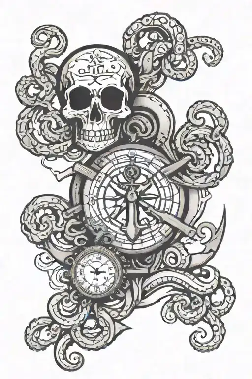 2 pocket watches with an anchor & octopus wrapped around everything tattoo design idea
