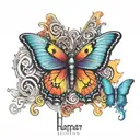 rainbow butterfly perched atop the words harper tattoo design idea