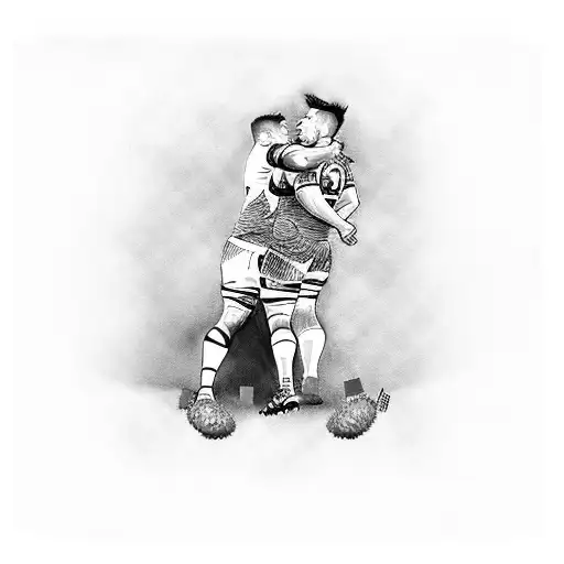 A tattoo design showcasing a rugby player and a football player hugging each other, with a dog sitting beside them and green floral accents. tattoo design idea
