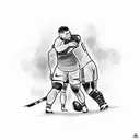 A tattoo design showcasing a rugby player and a football player hugging each other, with a dog sitting beside them and green floral accents. tattoo design idea