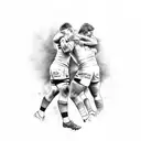 A tattoo design showcasing a rugby player and a football player hugging each other, with a dog sitting beside them and green floral accents. tattoo design idea