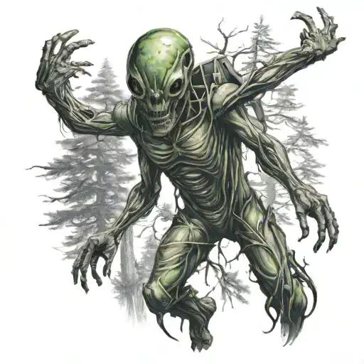 man being abducted by alien's in forest.  tattoo design idea