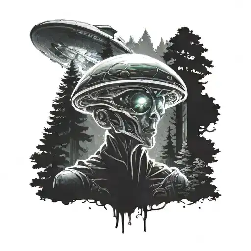 man being abducted by alien's in forest. alien head above the spaceship tattoo design idea