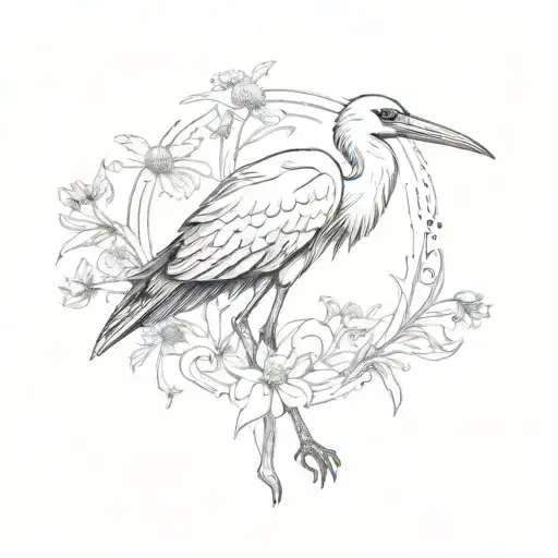Stork and cornflowers behind him tattoo design idea