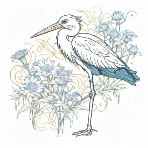 Stork and cornflowers behind him tattoo design idea
