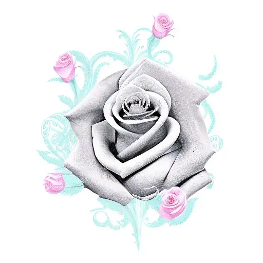 dagger with scroll saying "acta non verba" with roses around the dagger tattoo design idea