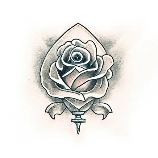 dagger with scroll saying "acta non verba" with roses around the dagger tattoo design idea
