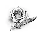 dagger with scroll saying "acta non verba" with roses around the dagger tattoo design idea