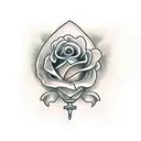 dagger with scroll saying "acta non verba" with roses around the dagger tattoo design idea