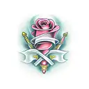 dagger with scroll saying "acta non verba" with roses around the dagger tattoo design idea