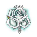 dagger with scroll saying "acta non verba" with roses around the dagger tattoo design idea