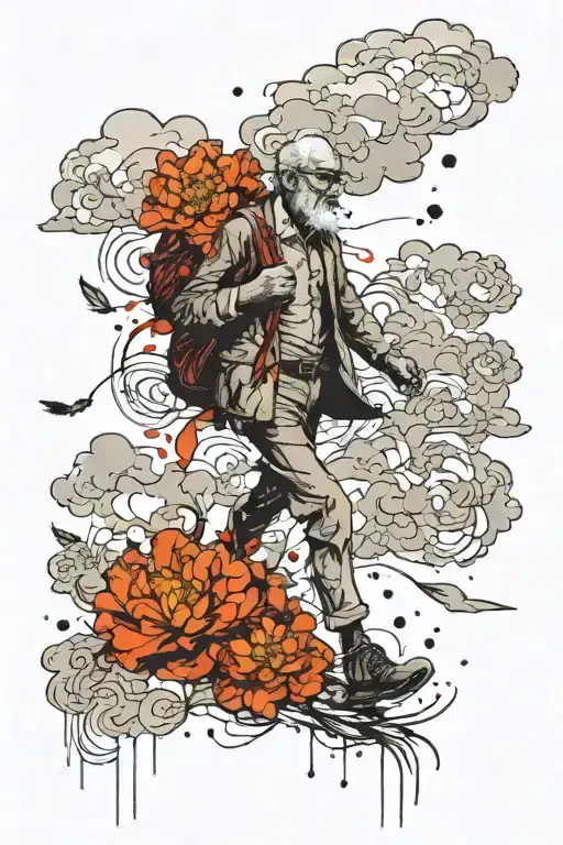 old man walking through clouds surrounded by marigold flowers tattoo design idea