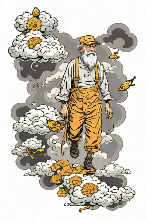 old man walking through clouds surrounded by marigold flowers tattoo design idea