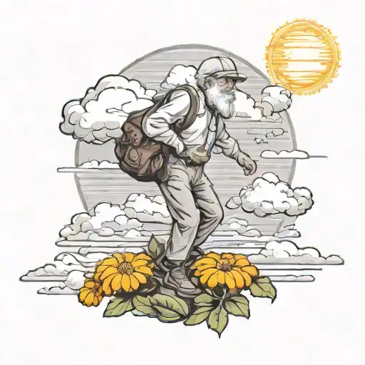 old man walking in the clouds surrounded by marigolds with a sun shining on him  tattoo design idea