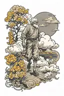 old man walking through clouds surrounded by marigold flowers tattoo design idea