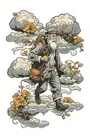 old man walking through clouds surrounded by marigold flowers tattoo design idea