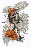 old man walking through clouds surrounded by marigold flowers tattoo design idea