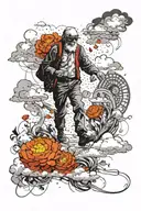 old man walking through clouds surrounded by marigold flowers tattoo design idea