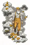 old man walking through clouds surrounded by marigold flowers tattoo design idea