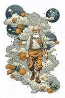 old man walking through clouds surrounded by marigold flowers tattoo design idea