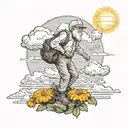 old man walking in the clouds surrounded by marigolds with a sun shining on him  tattoo design idea