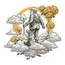 old man walking in the clouds surrounded by marigolds with a sun shining on him  tattoo design idea