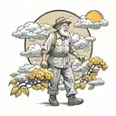 old man walking in the clouds surrounded by marigolds with a sun shining on him  tattoo design idea