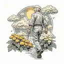 old man walking in the clouds surrounded by marigolds with a sun shining on him  tattoo design idea