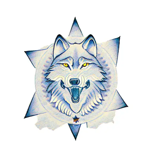A wolf howling at a rising sun made of dollar bills, symbolizing the occupation of a sales representative as a catalyst for financial progress tattoo design idea