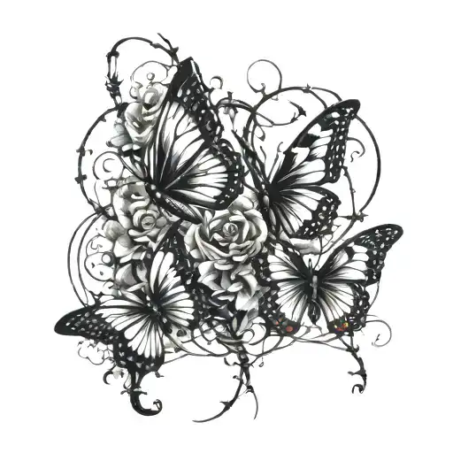 butterflies and barbed wire black ink tattoo design idea