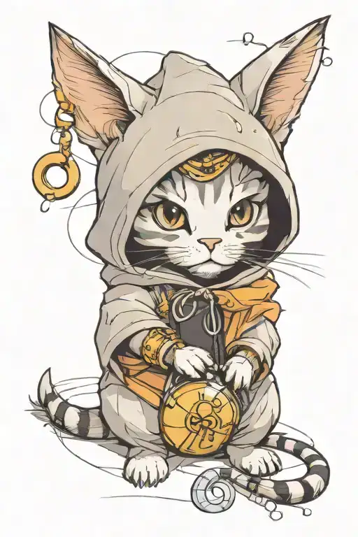hooded cat accumulating a super power in his hand inside this super power is a yoyo, the cat is in a gothic church tattoo design idea