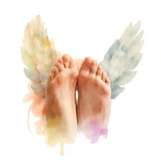 angel wings with baby feet and halo tattoo design idea